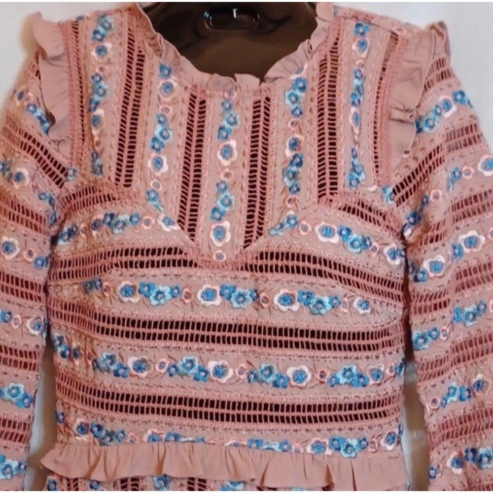 For Love & Lemons Pink Persephone Floral Longsleeve Embroidered Dress XSP $405 - Picture 5 of 9